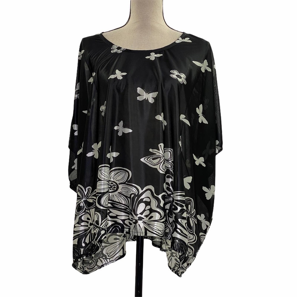 BLACK Silver Floral Butterfly Boxy Poncho Blouse